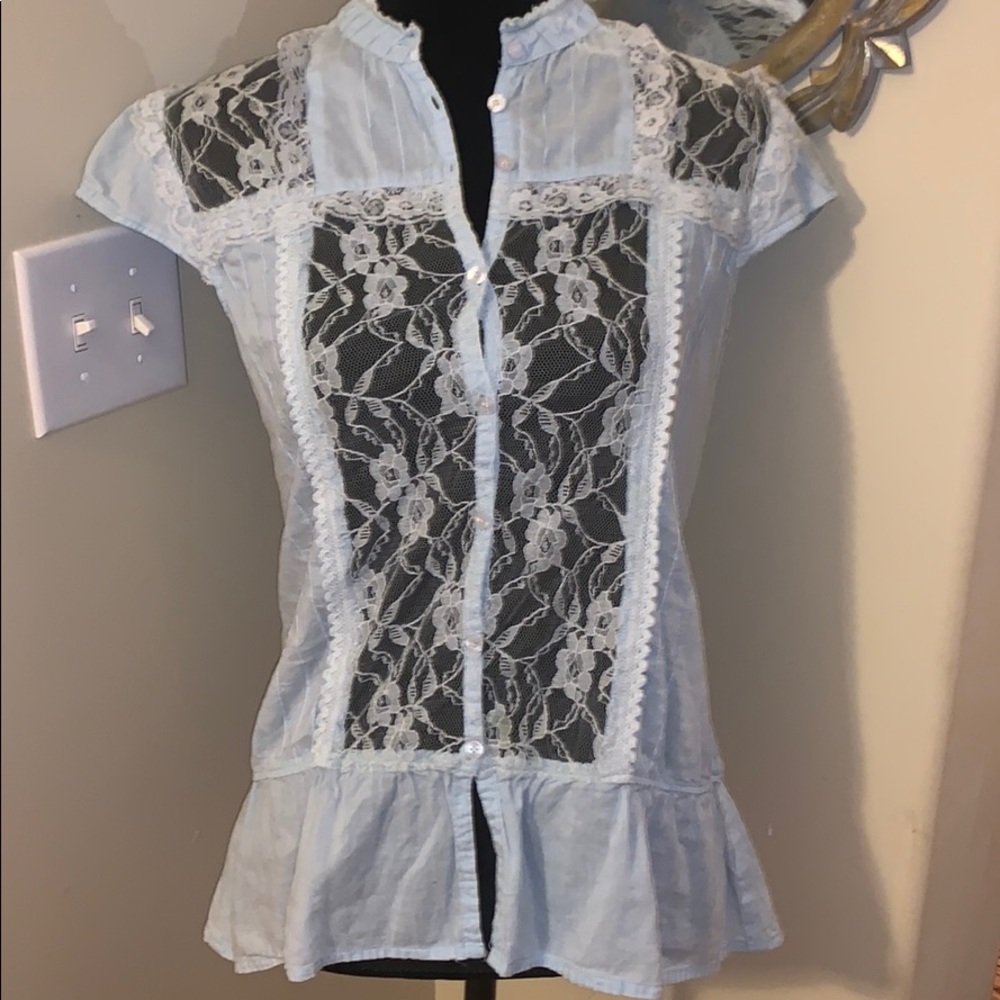 Gently used lace top, very light blue color